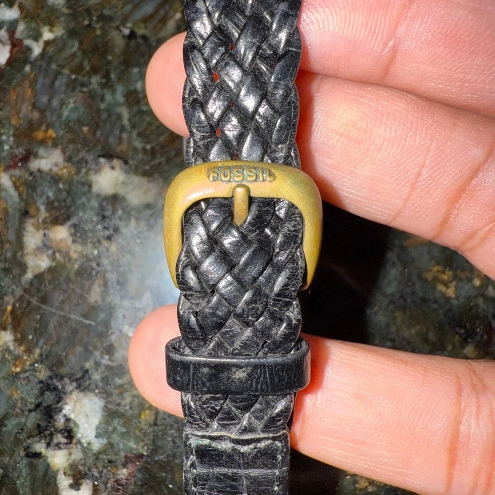Fossil Watch Womens Stainless Steel Gold Braided Leather Black Strap Green Bezel